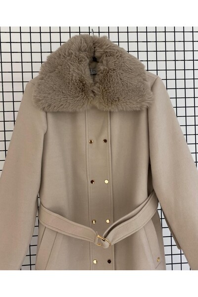 Armine Trendy Collar, Fur-Trimmed Viscose Fabric, Snap Button, True to Size Melton Coat
