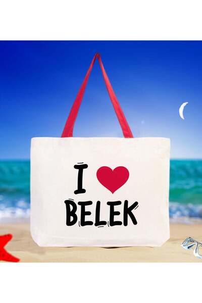 Bk Gift I Love Belek Red Canvas Beach Bag with Handles, 48x40m, Printed Shoul...