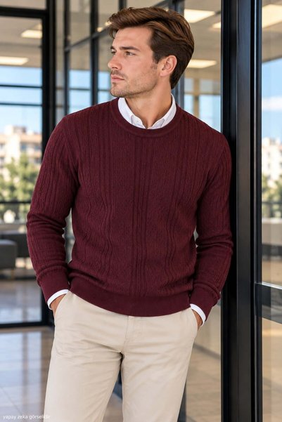 ModaPlaza Men's Braided Pattern Crew Neck Knit Sweater 714