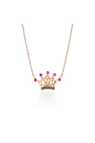 Jewelivery Crown Necklace in 18Kt Pink Gold with Black Diamonds & Ruby | 0.22...