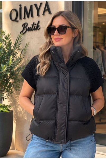QİMYA BUTİK ROBIN Vestă scurtă, pufoasă, pentru femei, din tricot, cu mâneci ...