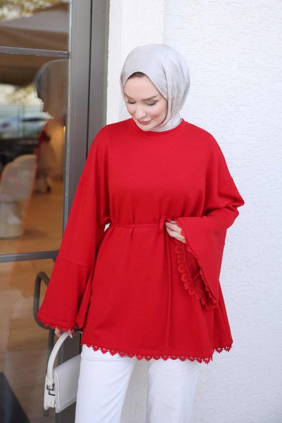 İmajButik Red Spanish-Style Guipure Lace Tunic