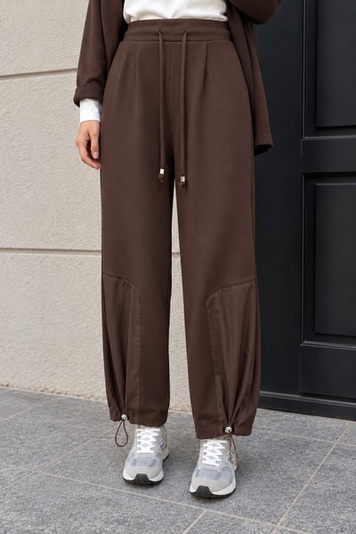 İmajButik بنطلون بخصر مطاطي وساق بني اللون