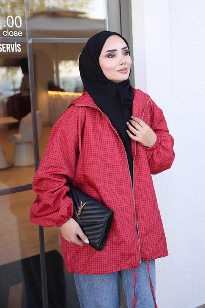 İmajButik Red Checked Raincoat with Hood and Zipper