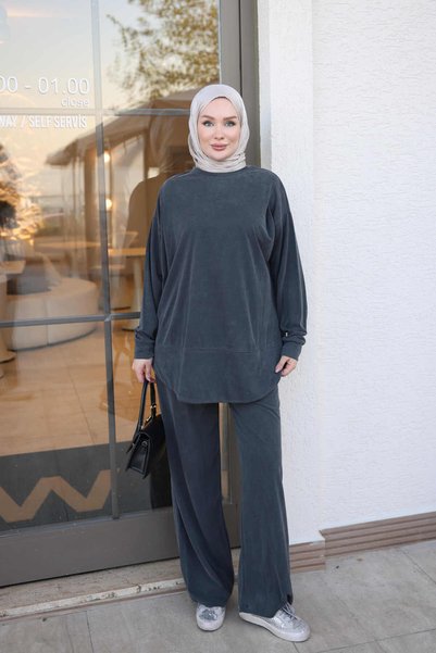 İmajButik Charcoal Grey Shoulder-Darted Skirt, Oval Tunic, and Pants Set