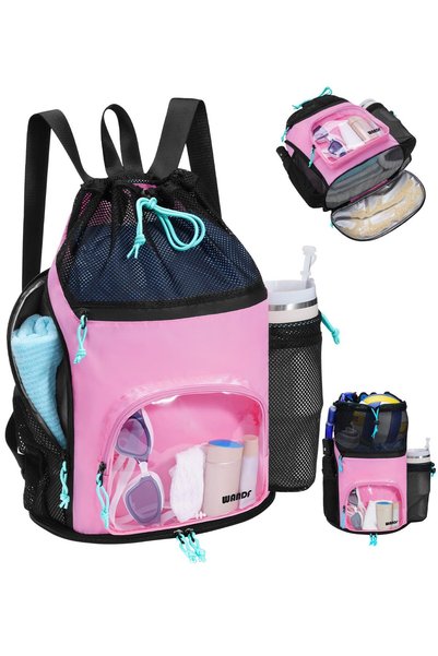 WANDF حقيبة سباحة بجيوب مقاومة للماء، حقيبة ظهر شاطئية مقاومة للرمل مع جيوب ج...