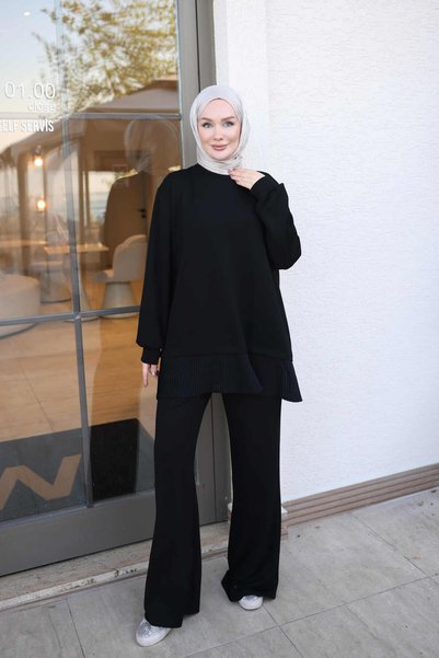 İmajButik Black Pleated Skirt Tunic Pants Set