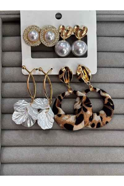 MODA Women's 4-Piece Earring Set: Pearl and Gold Leopard Print Dangle Earrings