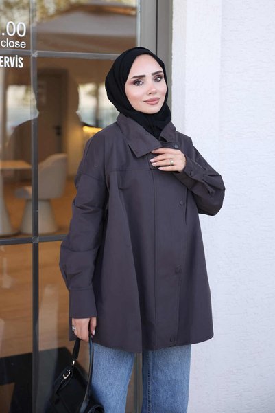 İmajButik جاكيت كبير الحجم بسحاب ومشبك باللون البني