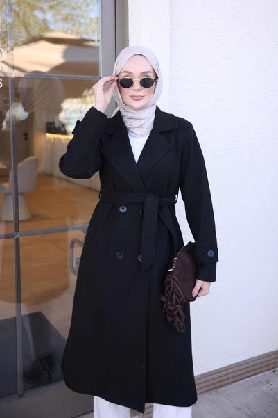 İmajButik معطف أسود مبطن بياقة مزدوجة الصدر