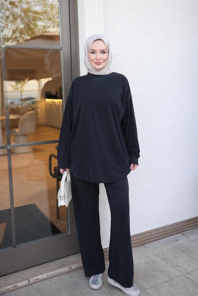 İmajButik Black Darted Off-the-Shoulder Skirt with Oval-Neck Tunic and Pants Set