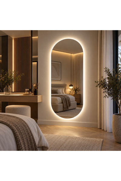 Oval LED Boy Aynası, Arkadan Aydınlatmalı Kapsül Model Işıklı Duvar Aynası, Modern Dekoratif Salon ve Antre Aynası