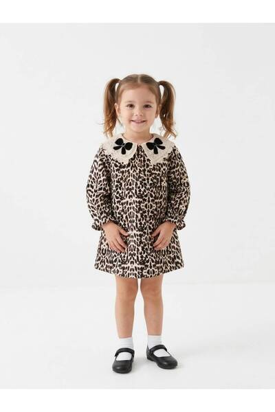 Miniminnakkidswear Rochie pentru fetițe cu guler din dantelă și imprimeu leop...