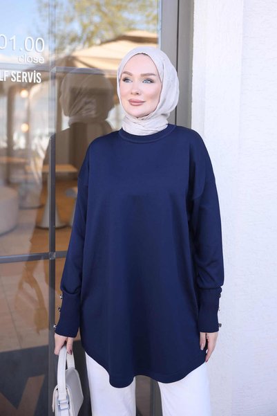 İmajButik تونيك تريكو بياقة دائرية وأزرار على الأكمام باللون الأزرق الداكن