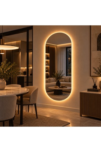 Oval LED Boy Aynası, Arkadan Aydınlatmalı Kapsül Model Işıklı Duvar Aynası, Modern Dekoratif Salon ve Antre Aynası
