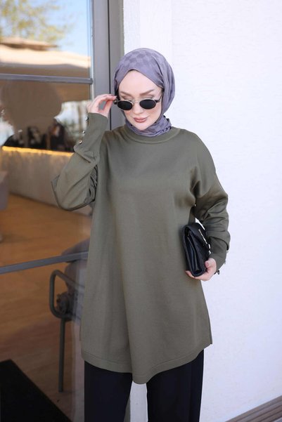 İmajButik Khaki Button-Sleeve Cold-Spun Yarn Knit Tunic