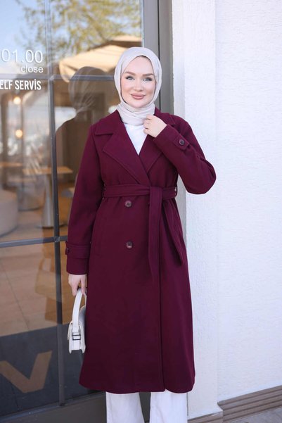 İmajButik معطف كشميري مبطن بياقة مزدوجة اللون باللون العنابي