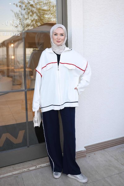 İmajButik Ecru Zipper-Front Tunic and Paneled Pants Set