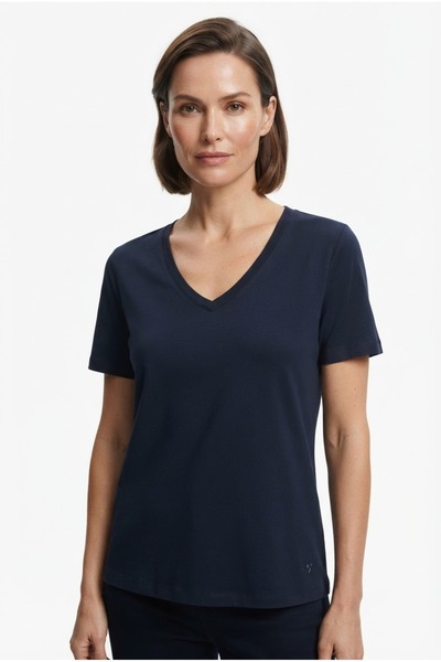 Neden Tekstil Women's V-Neck Navy Blue Short-Sleeve Cotton T-Shirt