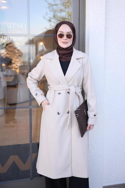 İmajButik Beige Double-Breasted Collar Lined Cashmere Coat