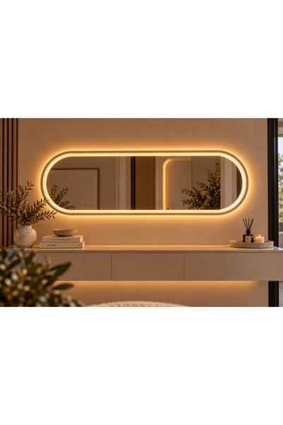 Yatay Kapsül Kumlu LED Ayna, Ön ve Arkadan Aydınlatmalı Oval Dikdörtgen Işıklı Duvar Aynası, Modern Antre ve Banyo Aynası