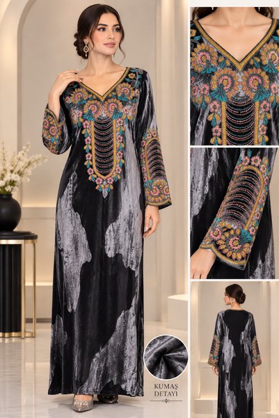 VİSKOYAT Stylish Velvet Kaftan Dress – Loose Fit, Comfortable, and Elegant Lo...