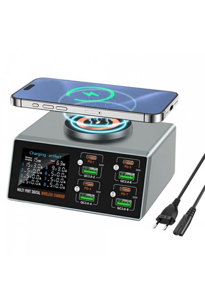 OEM WLX-X9S QI Station Charger, 140W, 3A, 4 x USB-A - 4 x USB-C, Silver