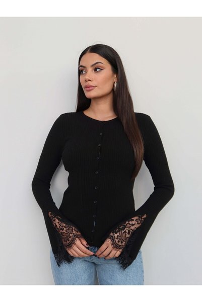 ESRAHELVACI كارديجان محبوك مضلع مع أكمام دانتيل