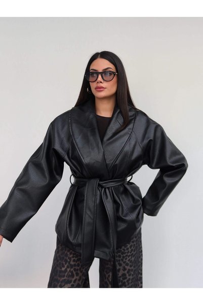 ESRAHELVACI سترة جلدية بياقة وشال وحزام