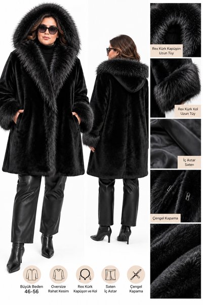 FUREVER FASHION Büyük Beden 46-56 Kapüşonlu Suni Kürk Kaban – Rex Görünümlü Uzun Tüylü Yaka ve Kol, Oversize Siyah Peluş Manto