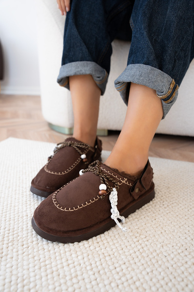 LAMİNTA Bursy Bitter Coffee Bow Detail Fur-Trimmed Wooden Beaded Women's Boots