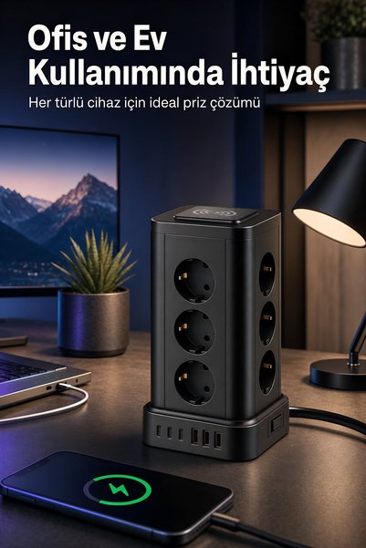 ROBEVE Blic BPS1 Kule Priz 12 Priz 3 USB 3 Type C Ve Kablosuz Şarj Alanlı Akım Korumalı 2200W 1050J 2 Metre Kablolu Anahtarlı Masaüstü Çoklu Grup Priz Kulesi Ev, Ofis Ve Çalışma Masası İçin