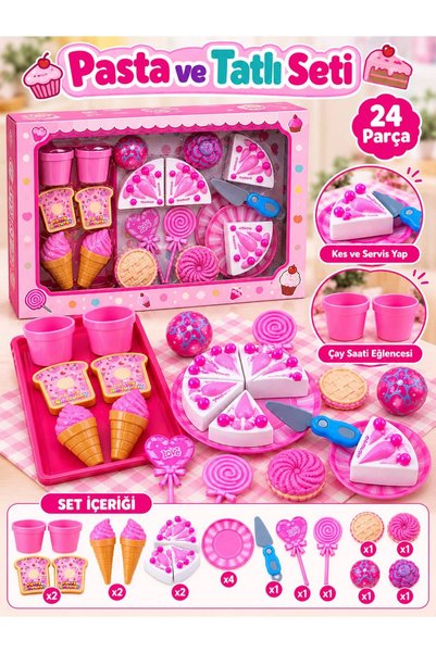 BYCEGU Çocuk Oyuncak Pasta ve Tatlı Seti 24 Parça Kutulu Pembe Renkli Dilimli...