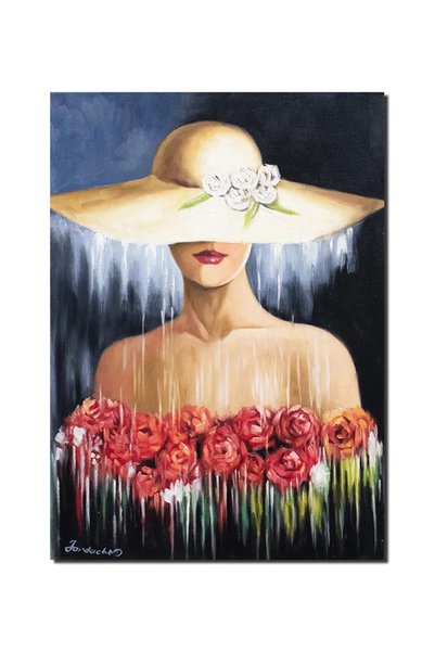 artnova Tablou tanara cu palarie si trandafiri pictat manual, Eleganta, 70x50...