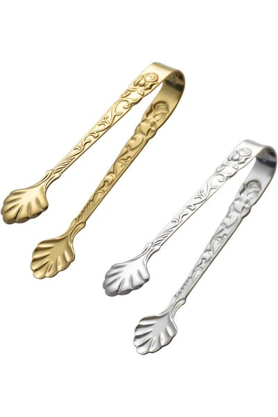 YRQX 2 Pack Rose Handle Sugar Tongs, Stainless Steel Food Clip, Silver and Gold