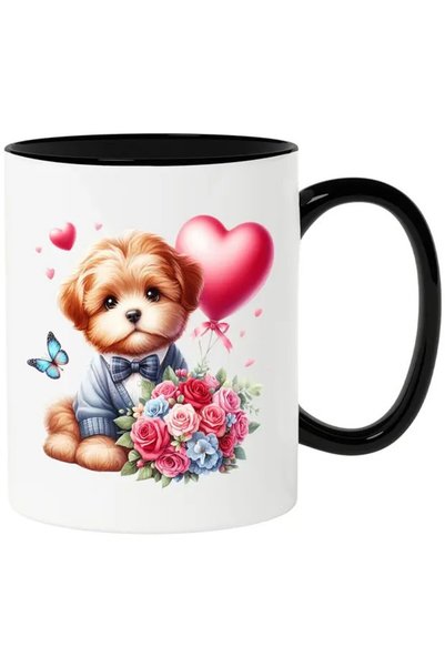 INOVATIX Cana cu un catelus de talie mica, blanos, ilustratie, buchet cu tran...