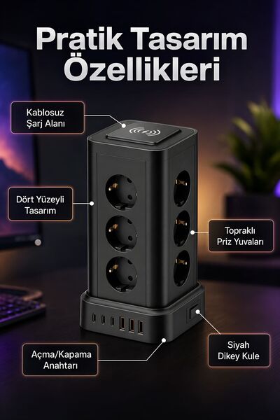 ROBEVE Blic BPS1 Kule Priz 12 Priz 3 USB 3 Type C Ve Kablosuz Şarj Alanlı Akım Korumalı 2200W 1050J 2 Metre Kablolu Anahtarlı Masaüstü Çoklu Grup Priz Kulesi Ev, Ofis Ve Çalışma Masası İçin
