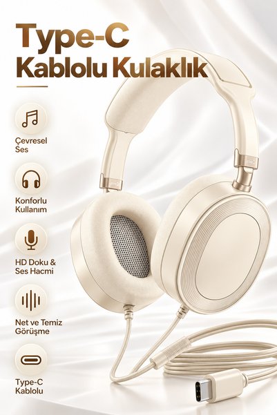 EXENAR Type-C Kulak Üstü Kulaklık Telefon Tabletler Uyumlu 1.2M Kablolu Kafa ...