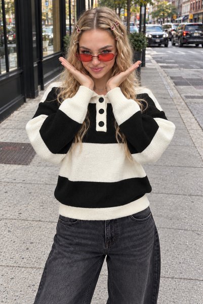 Trend Kapında Pulover din tricot cu guler polo, cu nasturi și dungi, pentru f...