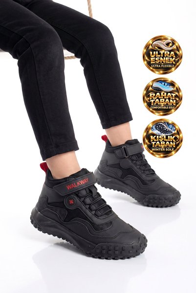 WALKWAY Black and Red Velcro-Closure Comfortable Rubber Sole-Having Boys' Ank...
