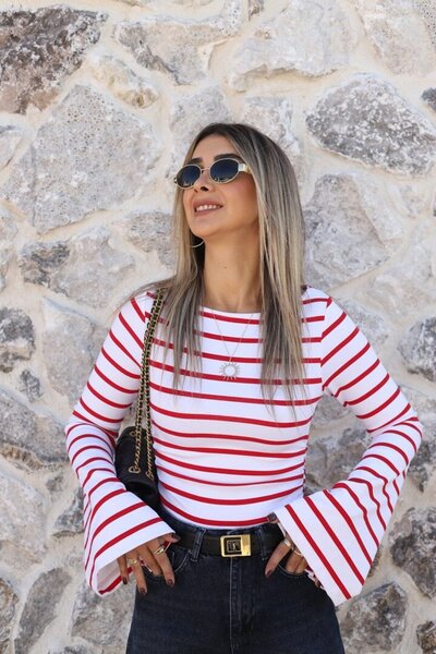bytugcekaya White and Red Thin-Striped Boat Neck Blouse with Spanish Sleeves