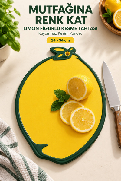 OpenCity Non-Slip Cutting Board with Lemon Design, 24x34 cm, Plastic Vegetabl...