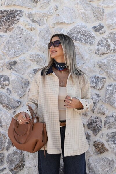 bytugcekaya Μπλε τζάκετ με καρό μοτίβο και γιακά τύπου «kot»