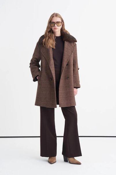 Zühre Fur Collar Plaid Patterned Short Brown Coat 14134