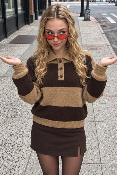Trend Kapında Pulover din tricot cu guler polo, cu nasturi și dungi, pentru f...