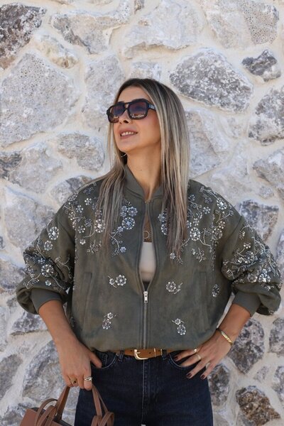 bytugcekaya Khaki Nubuck Premium Embellished with Stones Jacket