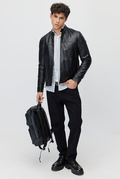 PAULMARK Men's Leather Jacket with Zipper and Two Zippered Pockets