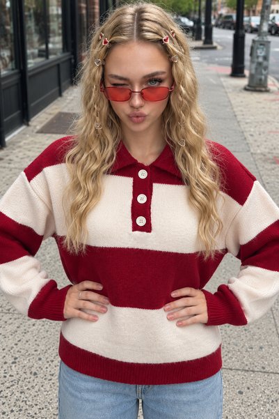 Trend Kapında Pulover din tricot cu guler polo, cu nasturi și dungi, pentru f...