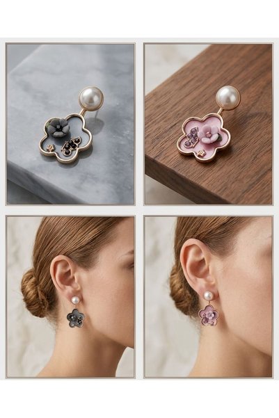 HOŞGÖR ACCESSORIES Enameled Flower Earrings with Pearl Accents and Gemstones