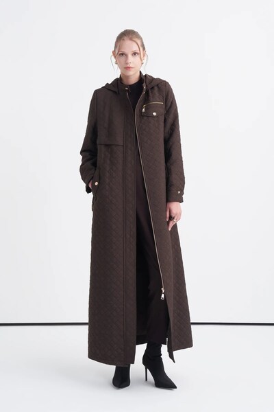 Zühre Quilted, Hooded, Belt Detail, and Zip Detail Brown Trench Coat 13993